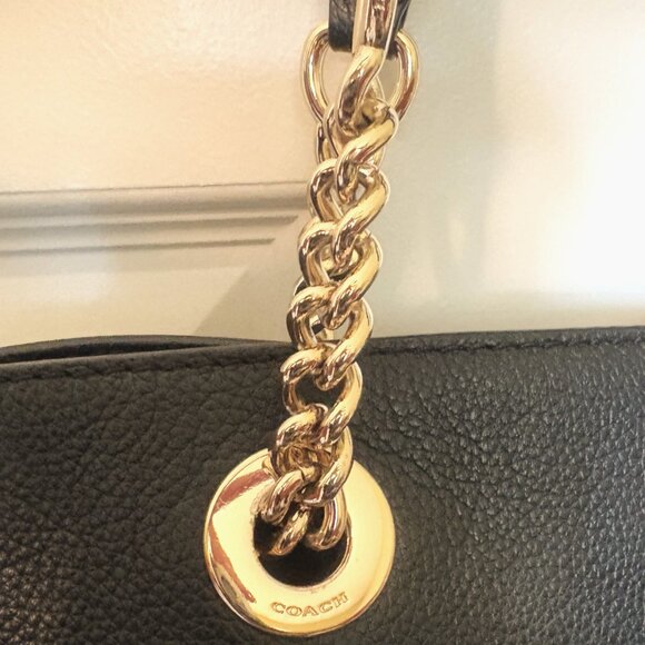 Coach Womens Black Polished Pebble Leather Turnlock Chain Tote 27 Bag - Picture 9 of 12
